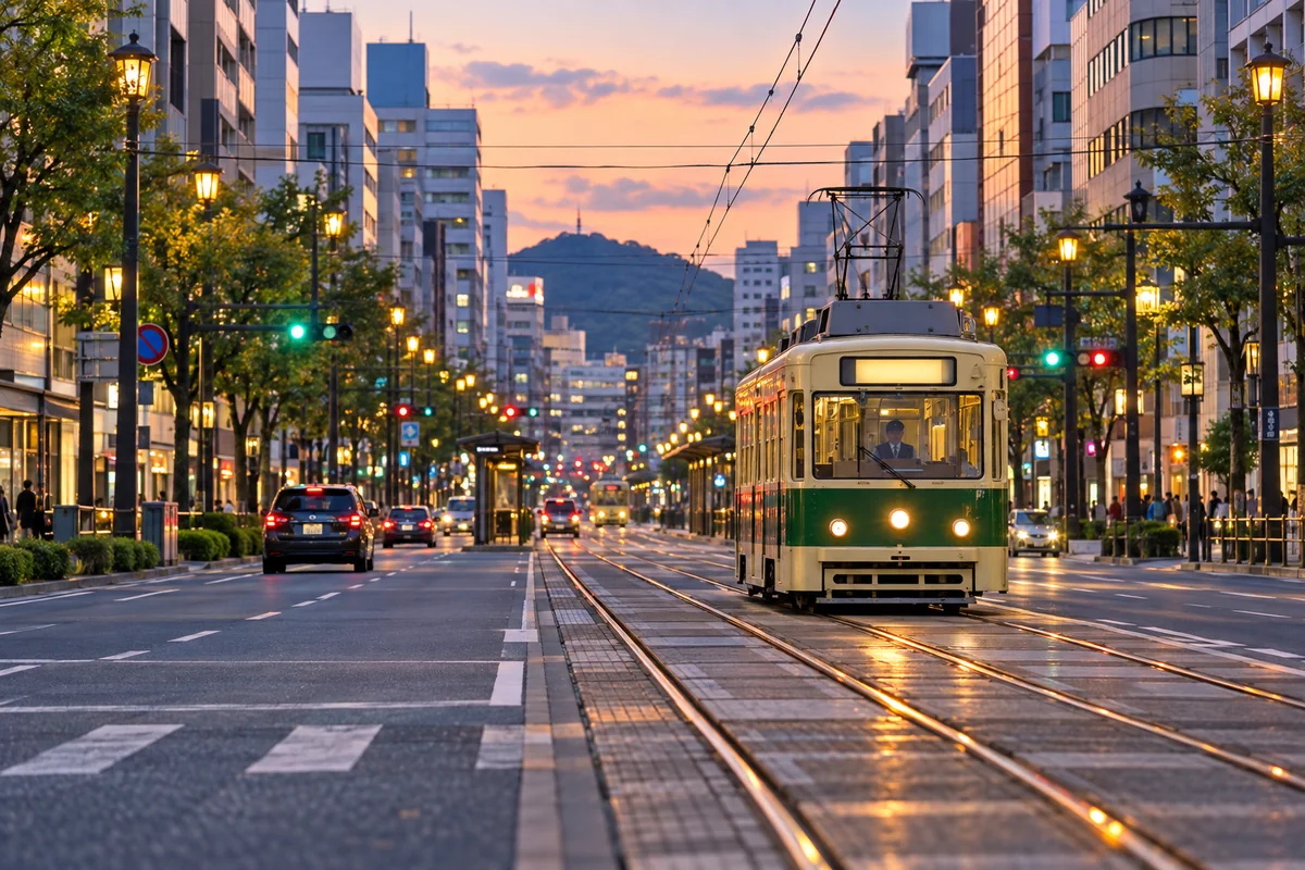 夕暮れの広島の大通りを走る路面電車