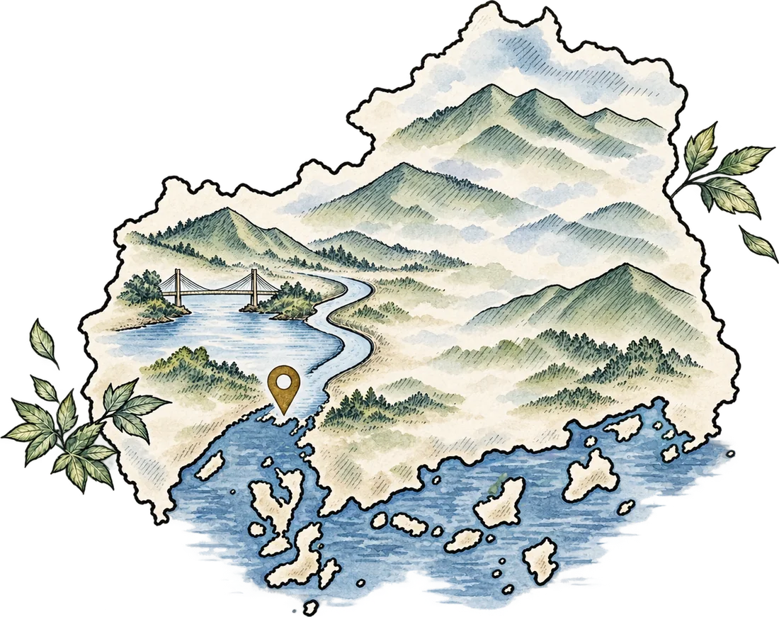 山と川、瀬戸内の島々を描いた広島県の地図のイラスト。広島市のあたりにピンが立っている