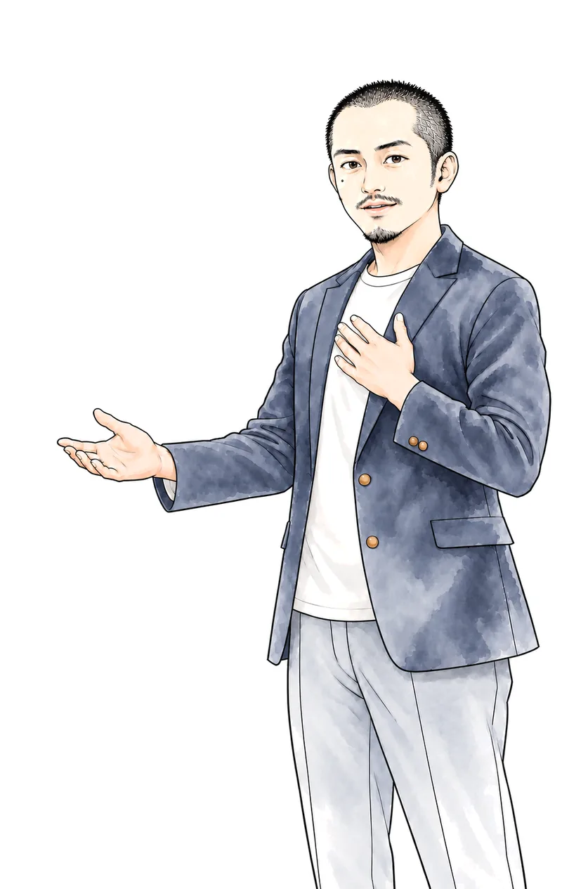 手を差し出して語りかける、代表 岩下武史のイラスト