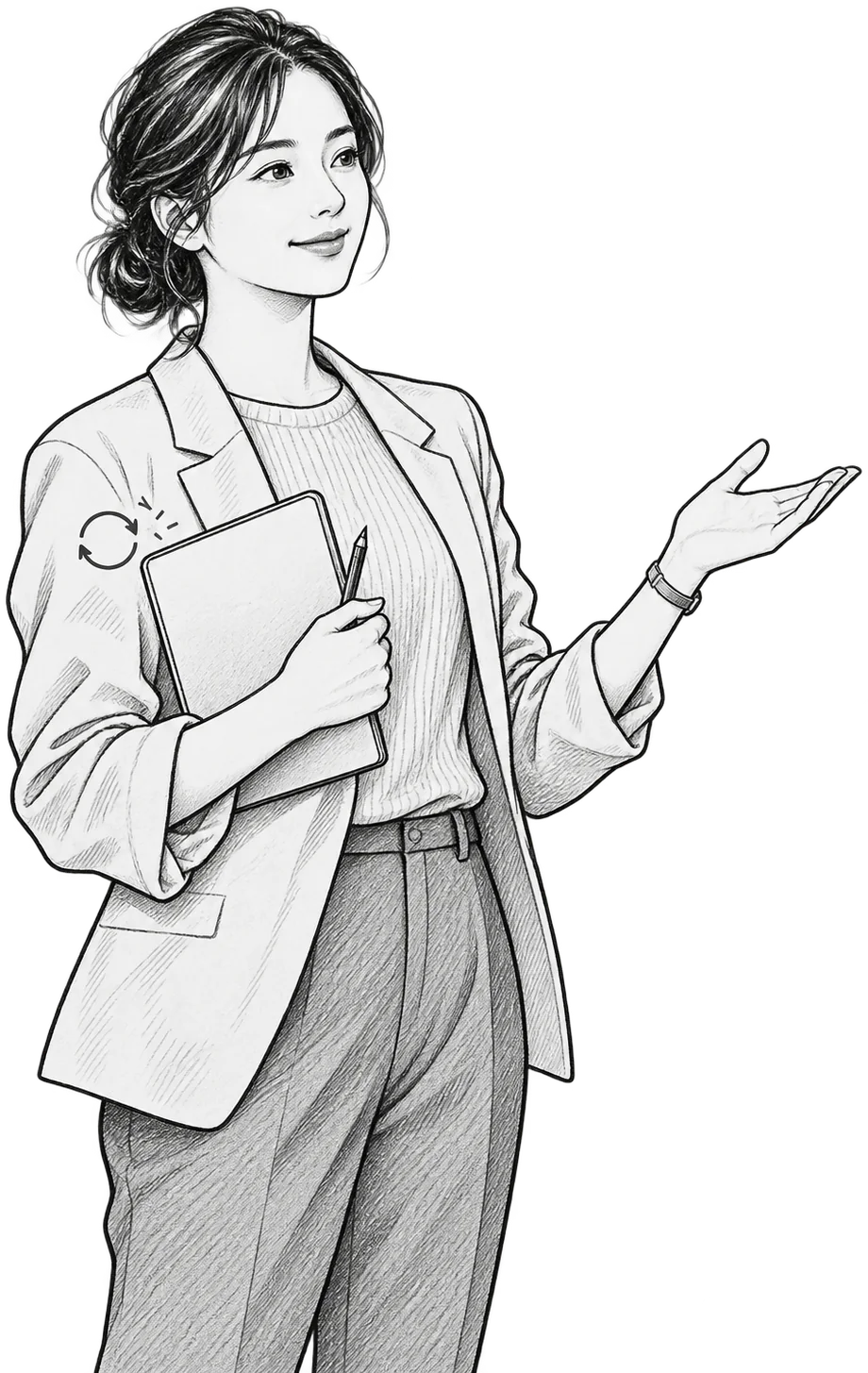 ノートを抱え、考えを伝える女性の線画イラスト