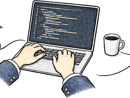 ノートパソコンでコードを書いている手元